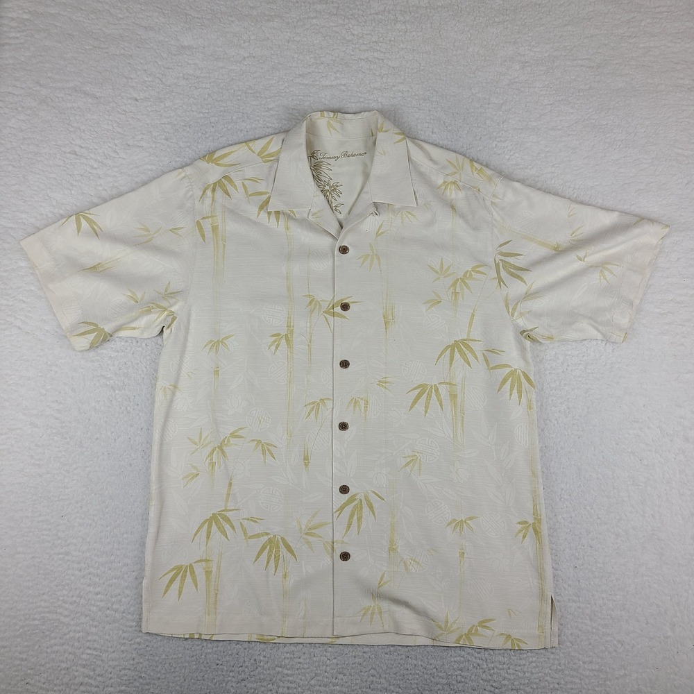 Tommy Bahama Shirt Mens Large Beige Floral Silk Preppy Hawaiian Button Up *